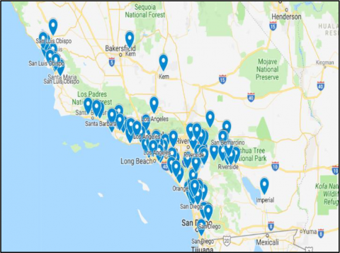 Resident-Owned MHCs in California Map of California with pins showing locations of resident owned manufactured housing communities