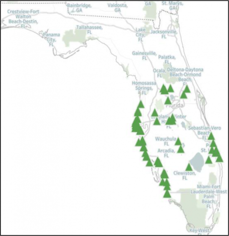Map of Florida with indicators for resident owned manufactured housing communities