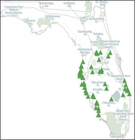 Resident Owned MHCs in Florida Map of Florida with indicators for resident owned manufactured housing communities