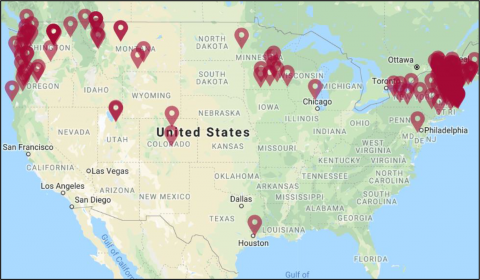 Map of continental U.S. with pins indicating locations of manufactured housing communities  affiliated with ROC USA.