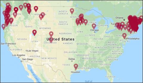Location of MHCs in ROC USA Network Map of continental U.S. with pins indicating locations of manufactured housing communities affiliated with ROC USA.