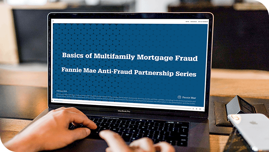 Laptop screen displaying Multifamily Fraud tutorial video