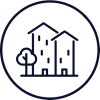 Circular icon with apartment graphic inside